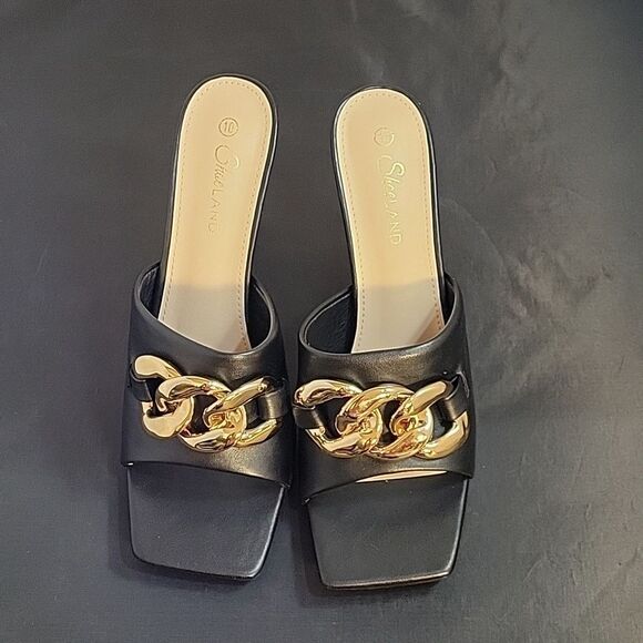 BRAND NEW SHOELAND SQUARE TOE SLIP-ON FOOT OPEN TOE GOLD CHAIN LINKING S… - Picture 3 of 15